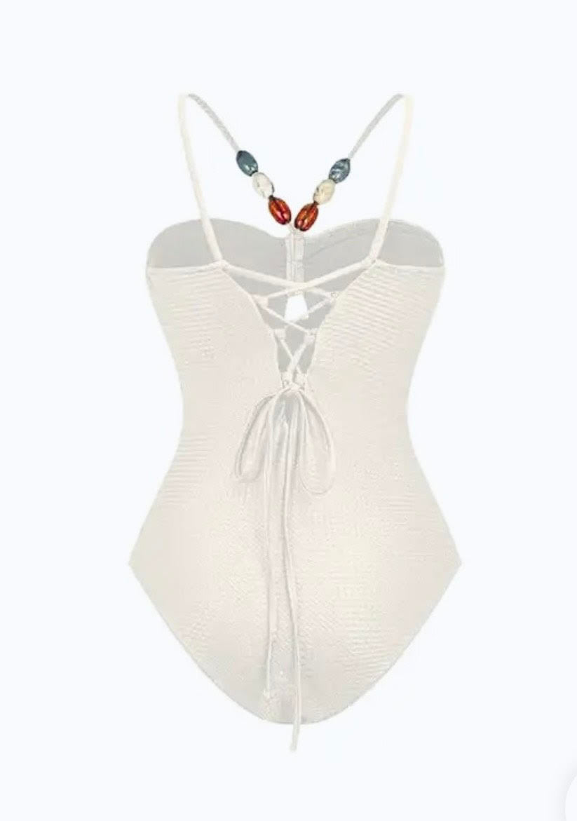WHITE TEXTURED STRAPPY JEWEL SWIMSUIT