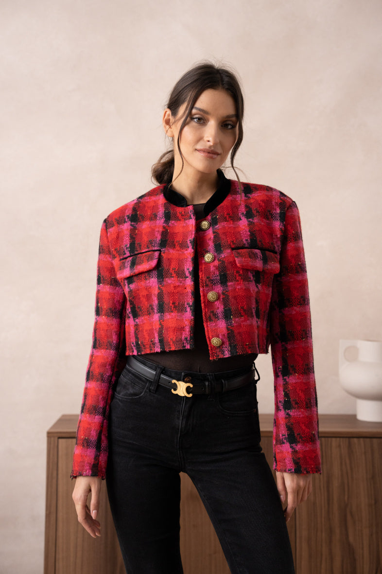 RED FUSCHIA AND BLACK HOUNDTOOTH CROPPED VEST
