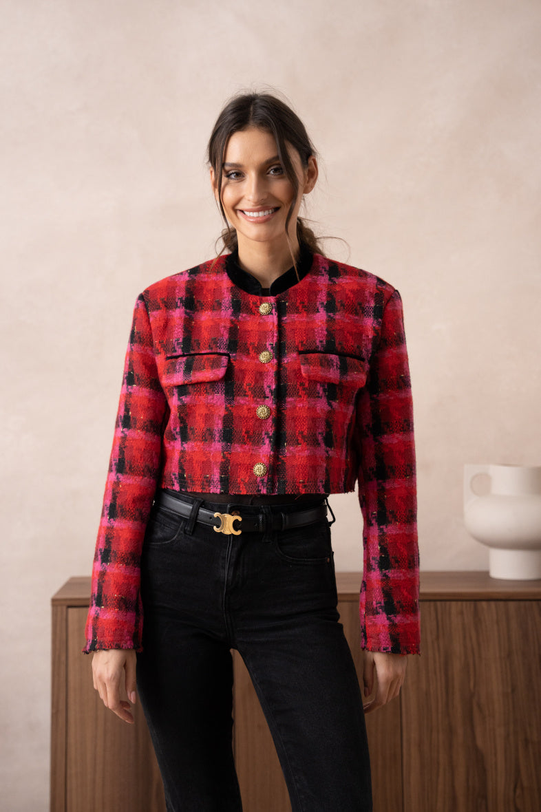 RED FUSCHIA AND BLACK HOUNDTOOTH CROPPED VEST