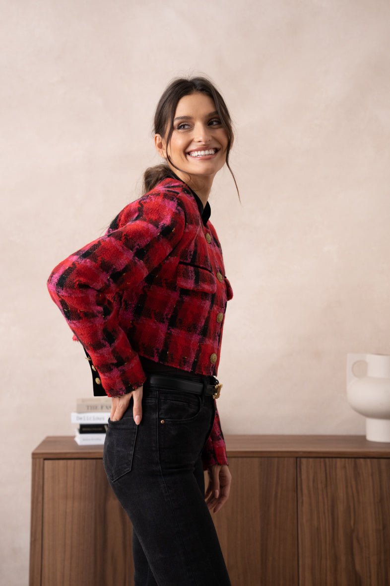 RED FUSCHIA AND BLACK HOUNDTOOTH CROPPED VEST