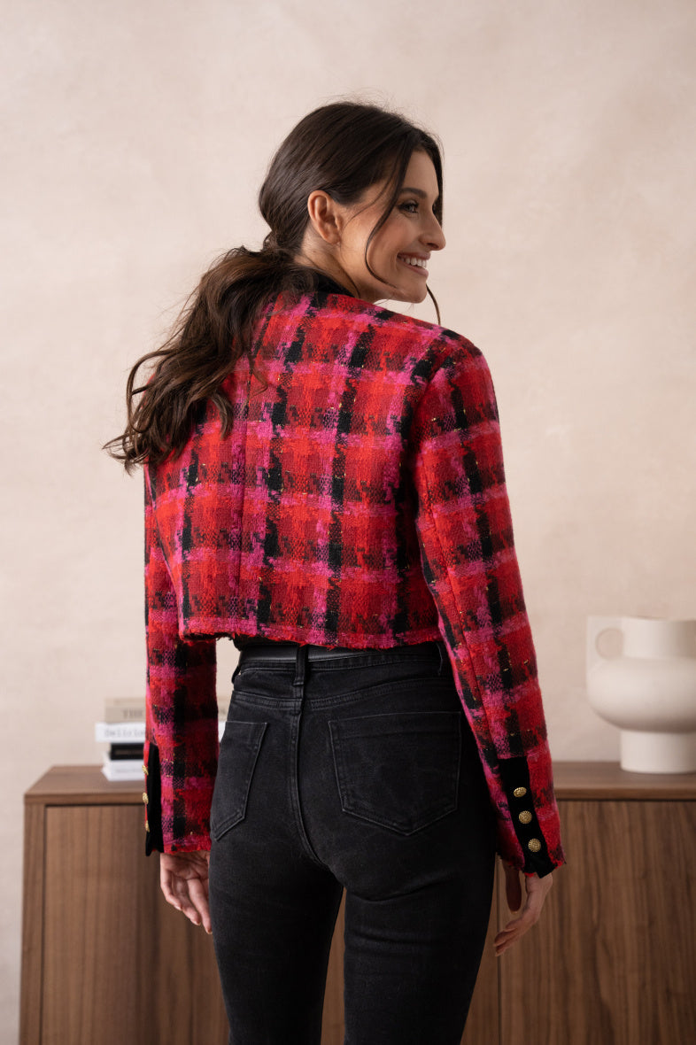 RED FUSCHIA AND BLACK HOUNDTOOTH CROPPED VEST