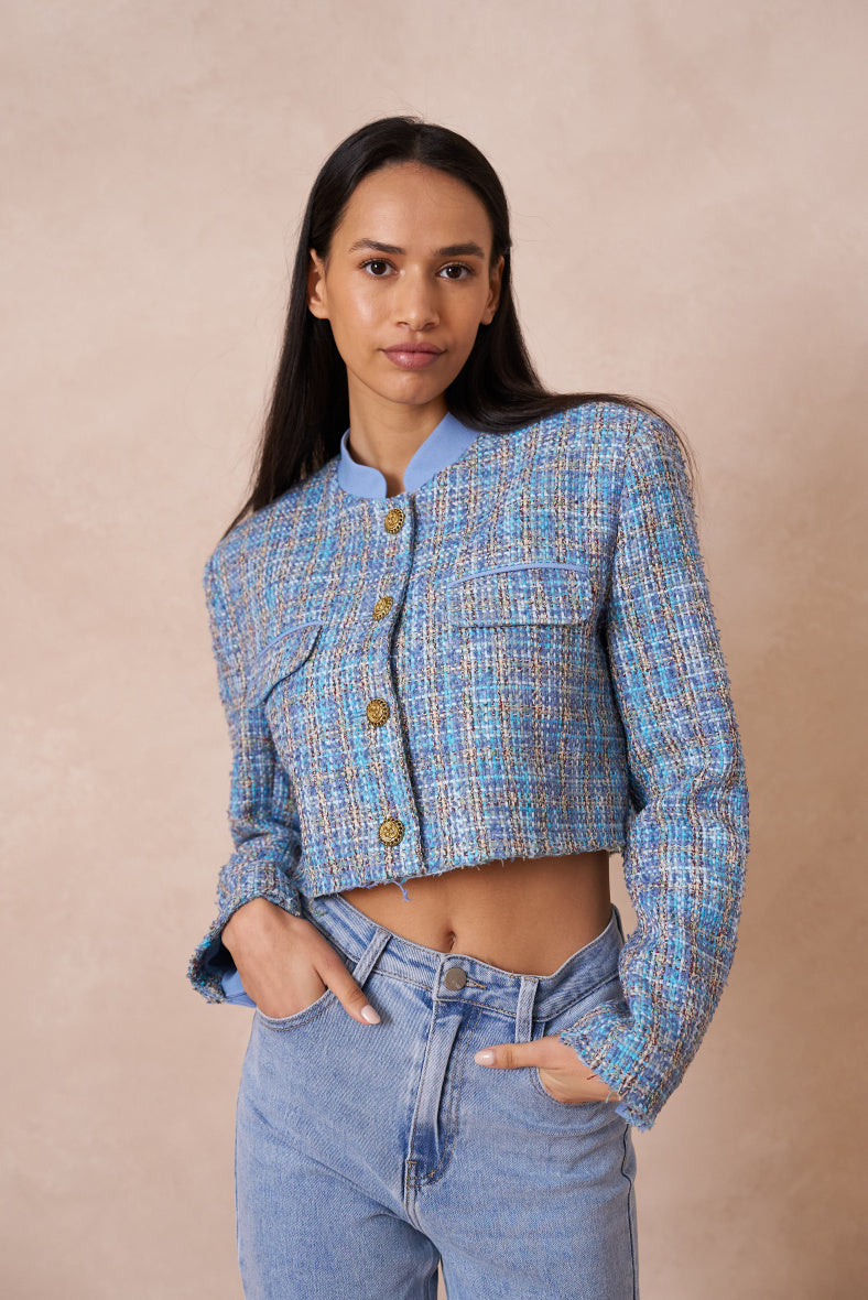 CROP BABY BLUE TWEED JACKET
