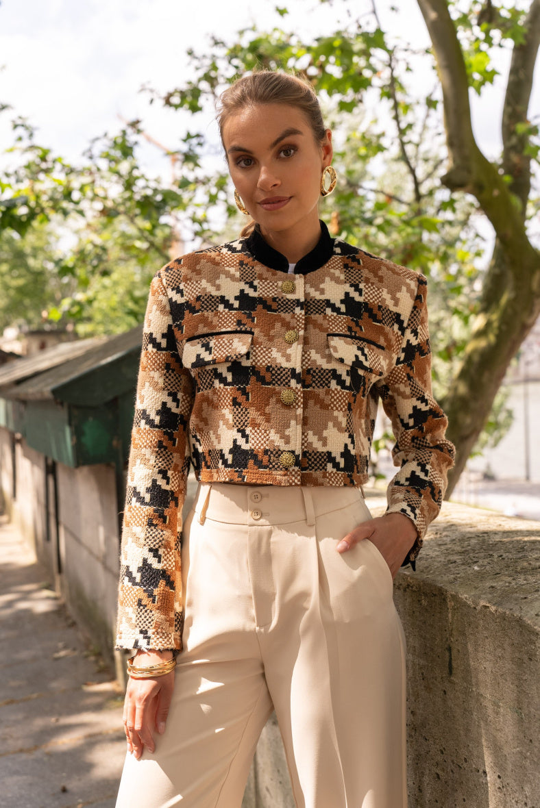 BROWN HOUNDSTOOTH CROP JACKET