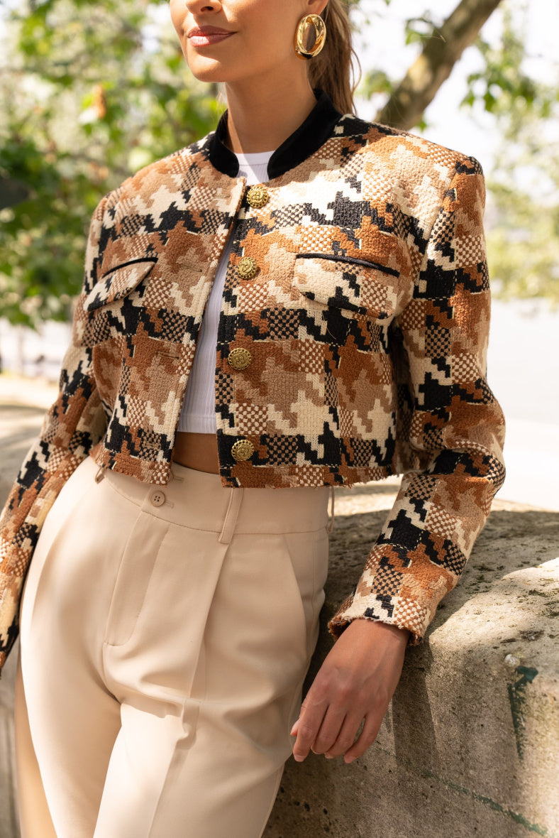 BROWN HOUNDSTOOTH CROP JACKET