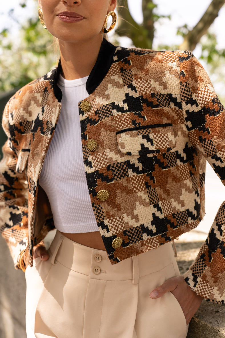 BROWN HOUNDSTOOTH CROP JACKET